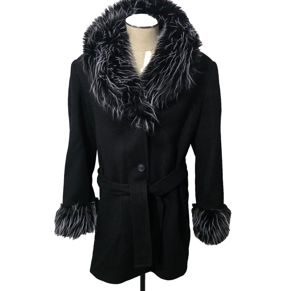 Jonathan Michael Black Wool Blend Belted Coat oversized Pile Fur Made in USA 10